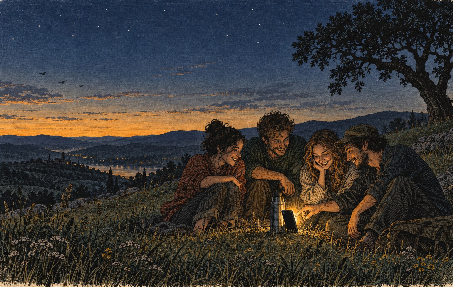 Four friends on a hillside at dusk, leaning in over one glowing phone, one of them dragging something on the screen and all of them laughing.