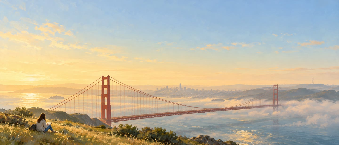 At sunrise, a student sits with a notebook on a grassy bluff above the Golden Gate Bridge, the city beyond the fog under a wide gold and blue sky.