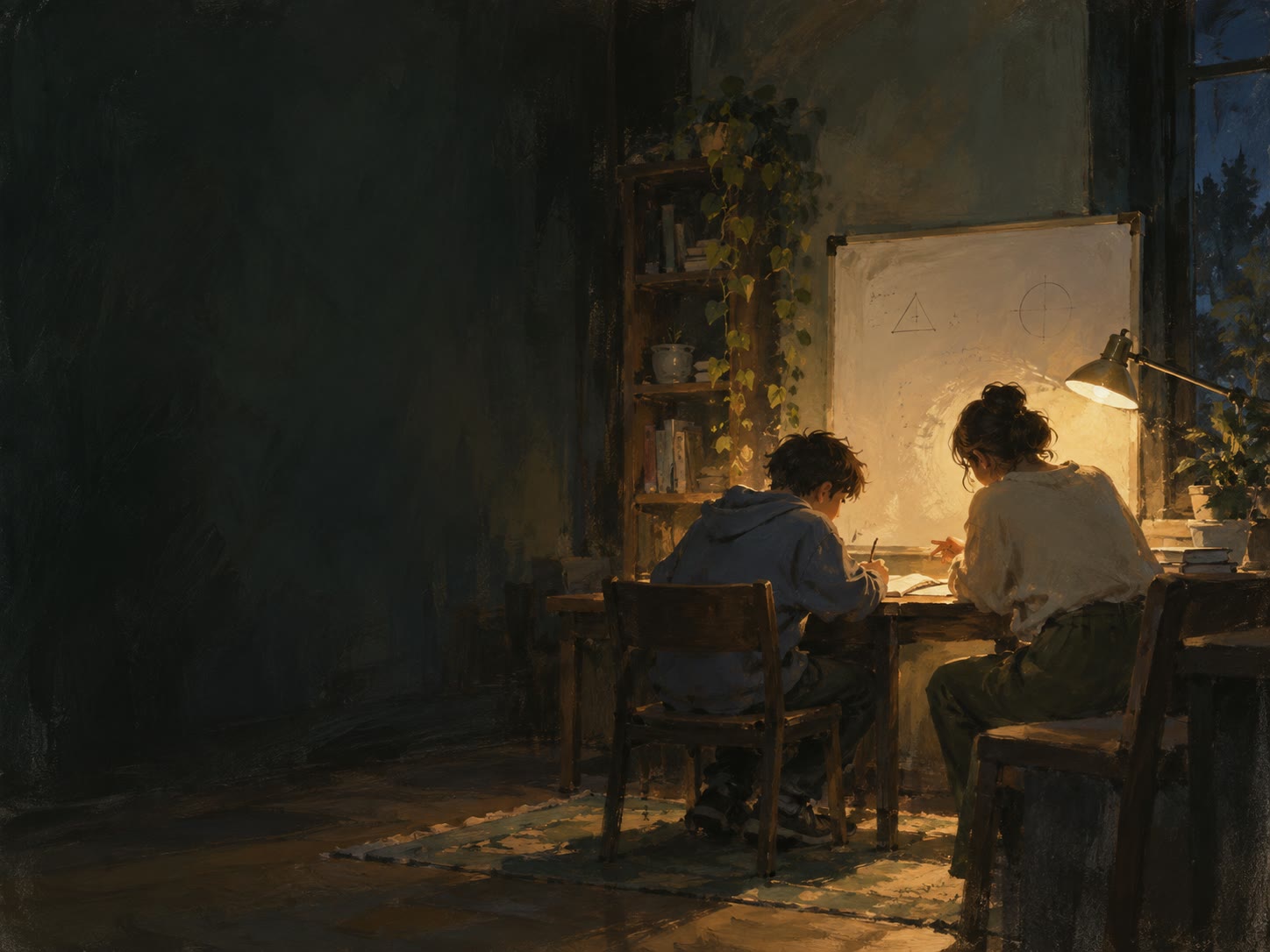 Late at night, two people work at a desk by a lamp in front of a whiteboard with a triangle drawn on it.