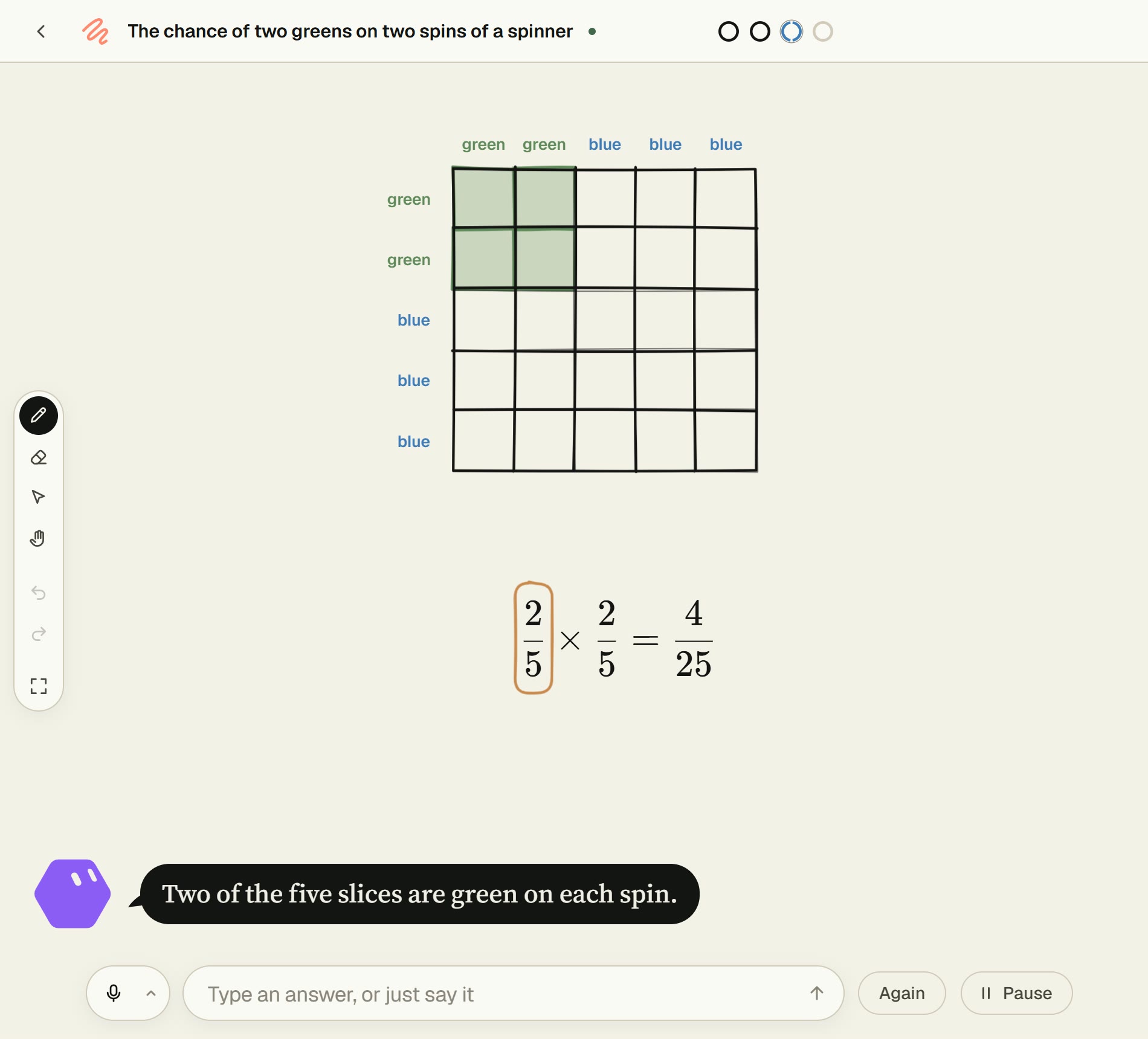 A lesson on the chance of two greens on two spins of a spinner: a five-by-five grid of colour pairs with the green pairs shaded, the sum 2/5 × 2/5 = 4/25 with the first 2/5 ringed, and the tutor saying: Two of the five slices are green on each spin.